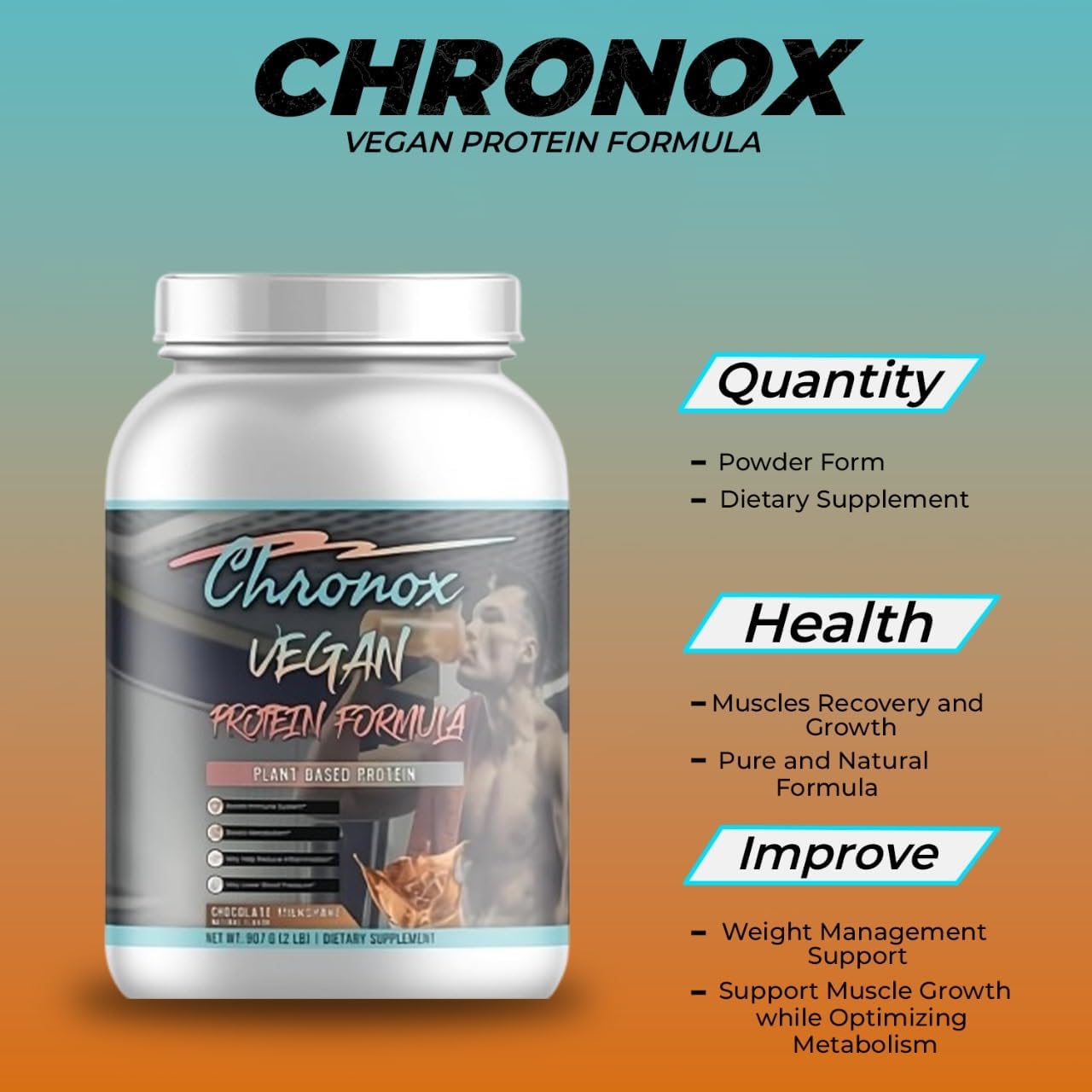 Chronox Vegan Protein Powder-Chocolate Flavor, Plant-Based Protein Formula for Muscle Support & Recovery, Smooth Mixing, Pre & Post Workout Nutrition, 2 LB