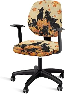 Jeiento Autumn Maple Leaf Office Chair Cover Hello Fall Home Decor Black Cat Split Rotating Swivel Chair Slipcover Protector for Bar Gaming Chair Seats Protective Elastic and Comfortable