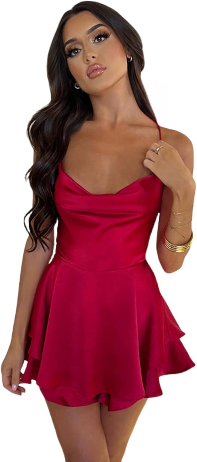 Women's Elegant Satin Backless Mini Dress Sexy Cowl Neck Lace Up Short Dress Spaghetti Strap Tiered Prom Dresses