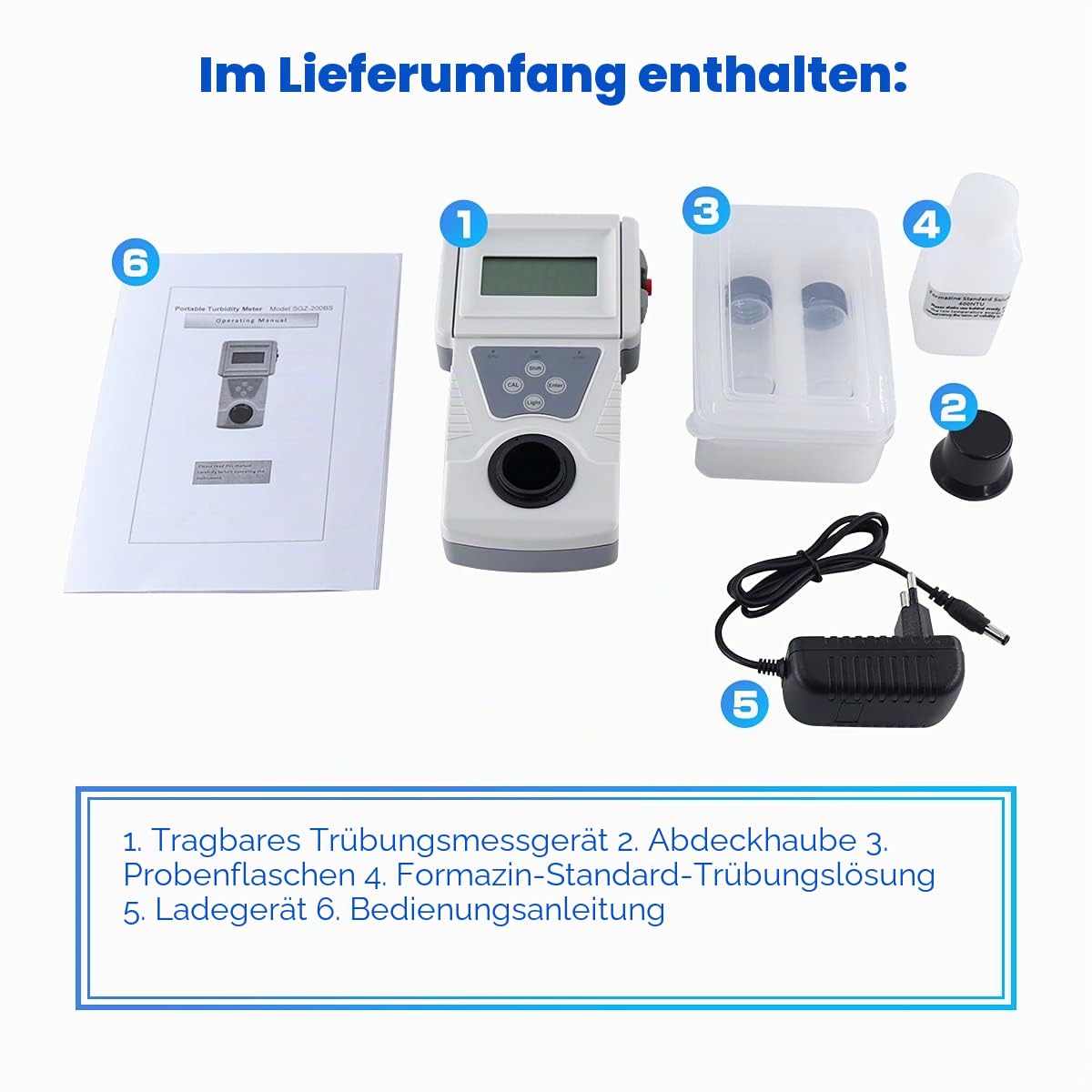 Tragbares Trübungsmessgerät Turbidimeter für Trübung von Flüssigkeiten Messbereich 0-200NTU (Inklusive Standard-Formazin-Lösung)