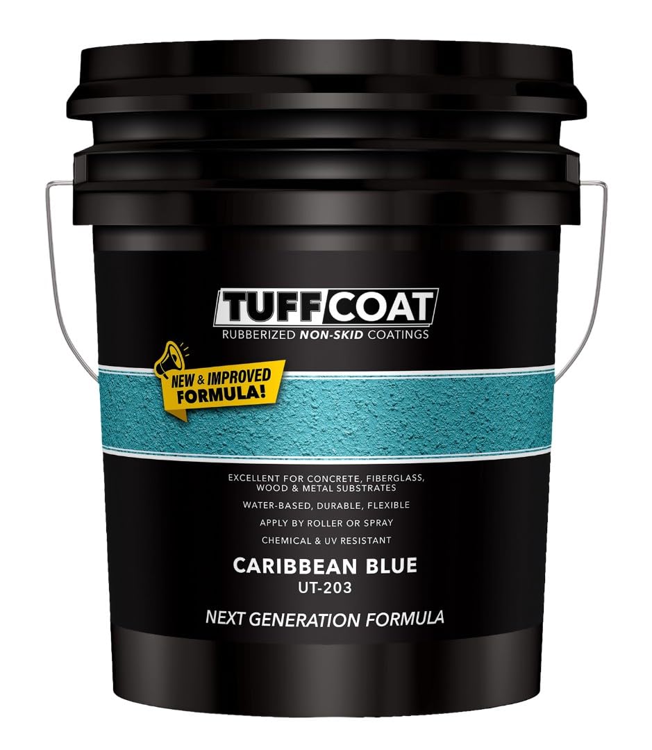 Tuff Coat Medium Texture Rubberized Non-Skid Deck Coating – Textured Non-Slip Safety Surface for Pool Decks, Docks, Boat Ramps, Patios, Walkways &amp; High-Traffic Areas (UT-203 Caribbean Blue 5-gallon)