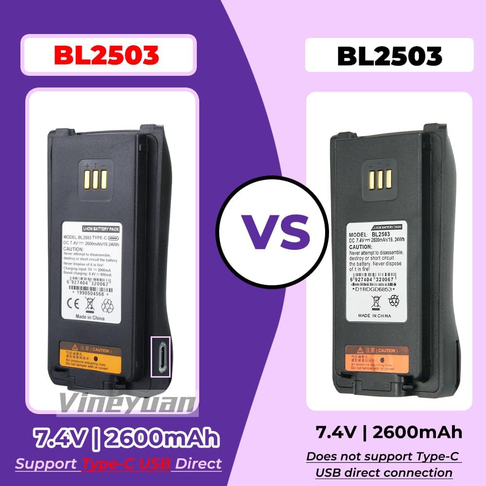 BL2503 Battery for HYT HYTERA PD706U PD782G PD782U PD786G PD786U PD70X PD70XG PD78X PD78XG PD88XT PD702G PD706G Radios Battery with Type-C Port(2600mAh)