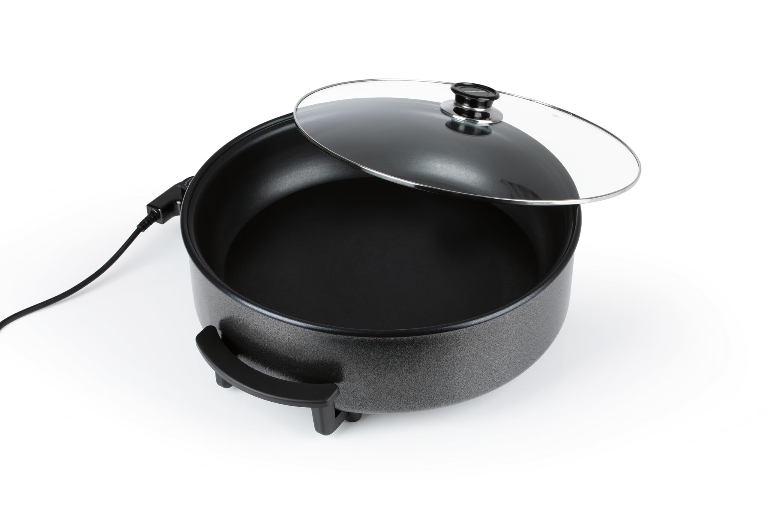 GOURMETmaxx Padella elettrica per pizza con termostato, coperchio in vetro e rivestimento antiaderente, padella multifunzione con diametro di 42 cm e 1500 Watt, ideale per feste