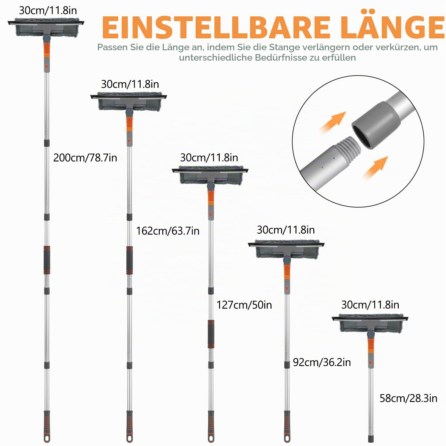 Tendak Fensterwischer mit Teleskopstiel, 3 in 1 Professioneller Fensterabzieher Teleskop Fensterputzer von 23cm bis 200cm Fensterreiniger Glasreiniger für Hohe Fenster im Innen und Außen Dusche Glas