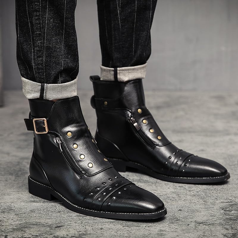 Men's Leather Motorcycle Ankle Boots Side Zipper Dress Casual Riding Rock Plain Toe Studded Men Boots3