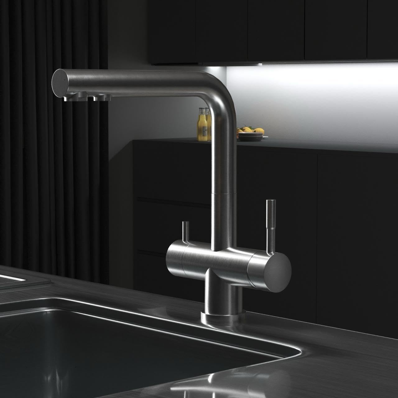 Neues Wasser Group Louis Inox Grifo para fregadero de cocina giratorio 360°, grifo de acero inoxidable 304, sistema de filtro de agua por ósmosis inversa de 3 vías cepillado mate