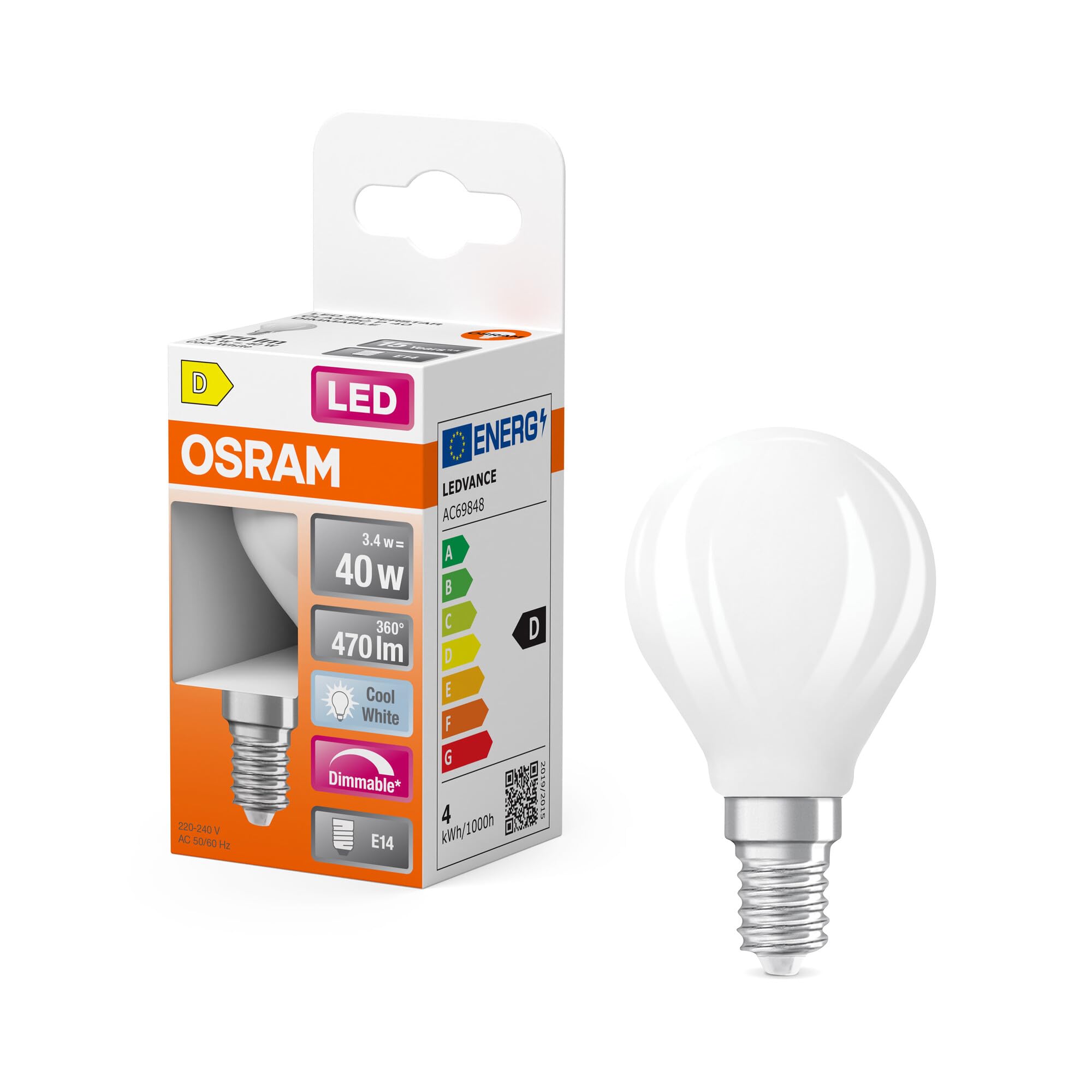 Osram LED Retrofit CLASSIC P DIM in P-Form, LED-Lampe, Glas, Matt, 3,4 W, 470 lm, 4000 K, Dimmbar, CRI 80