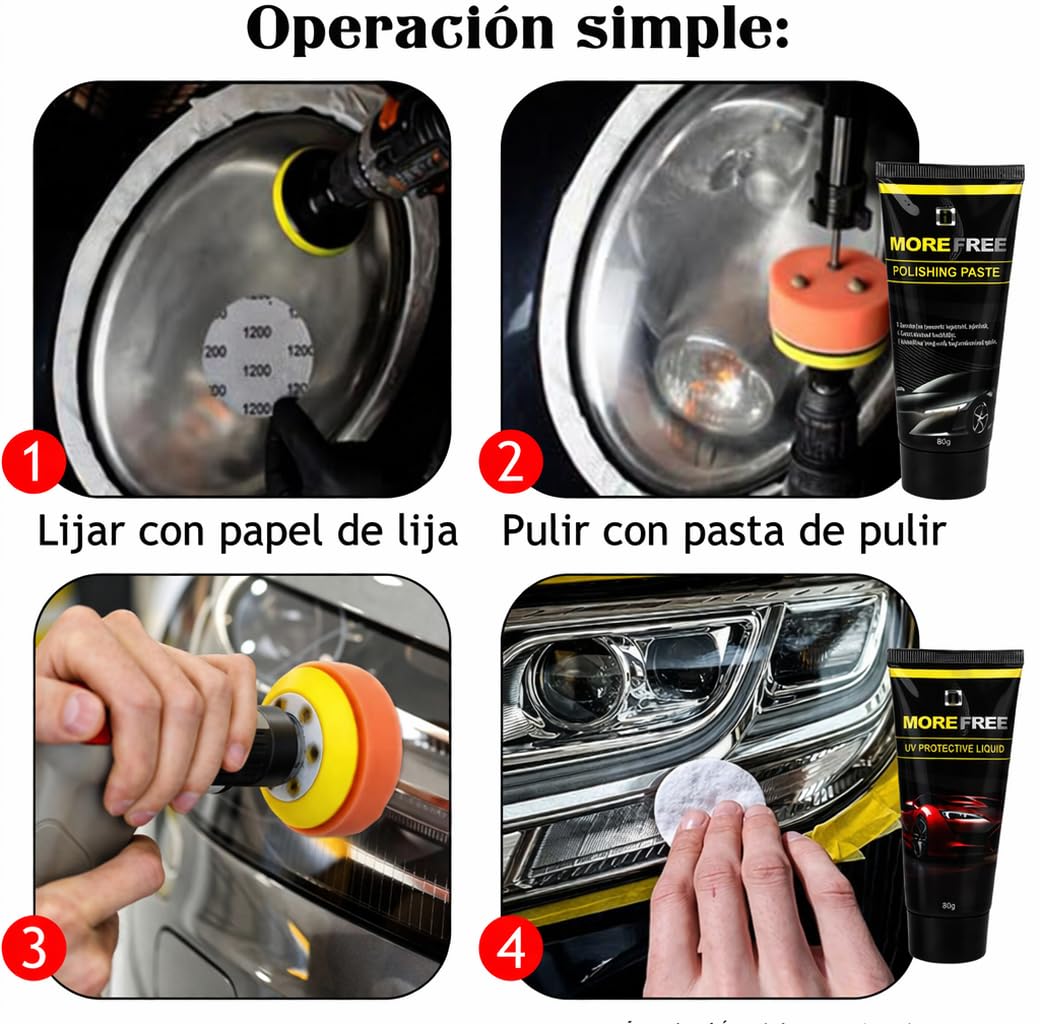 MORE FREE-Kit Pulir Faros Coche,Kit de Pulido de Faros de Automóviles,pulir Faros Coche para Restauración Faros Turbios, Restaurador de Faros amarillentos o Desgastados