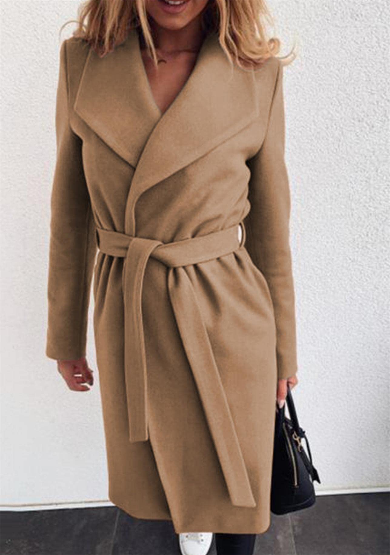 YMING Donna Cappotto Elegante Con Risvolto In Misto Lana Cappotto Con Cintura In Vita Avvolgere Lungo Trench Pea Jacket