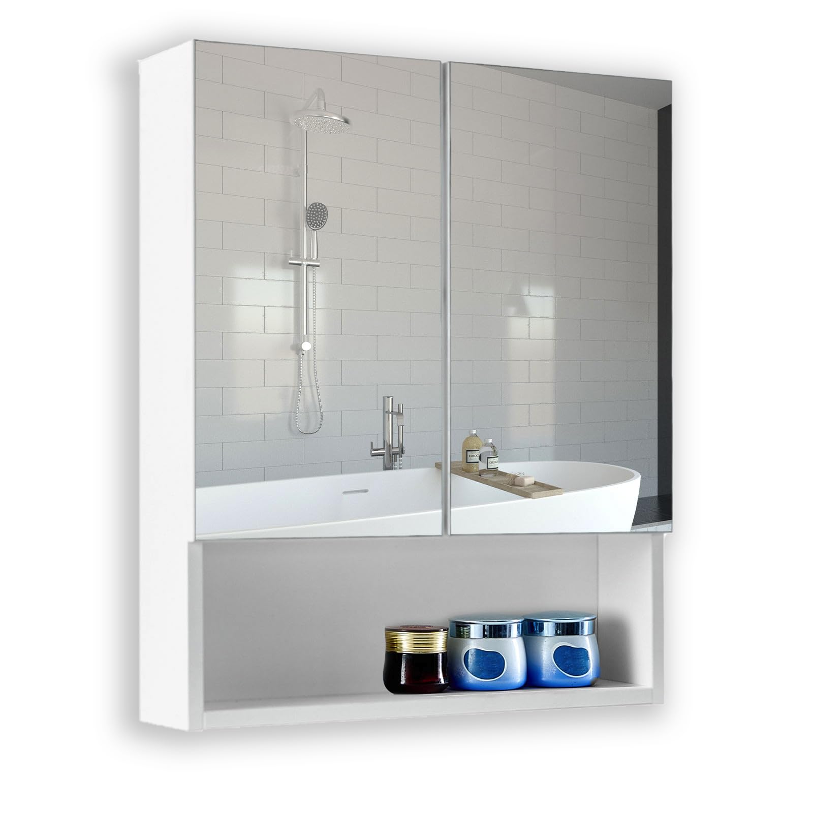 LEMROE Armoire de Salle de Bain Avec Miroir et 2 Portes - Rangement Avec Étagères Réglables - Murale en MDF (50 x 13 x 60 cm)