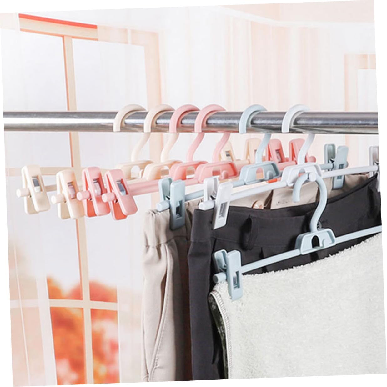 BESTYASH Adjustable Plastic Pants Clip Hangers 10pcs, Clothes Drying Rack with Non-Slip Clips for Home and Travel, Space-Saving Trousers and Skirt Storage