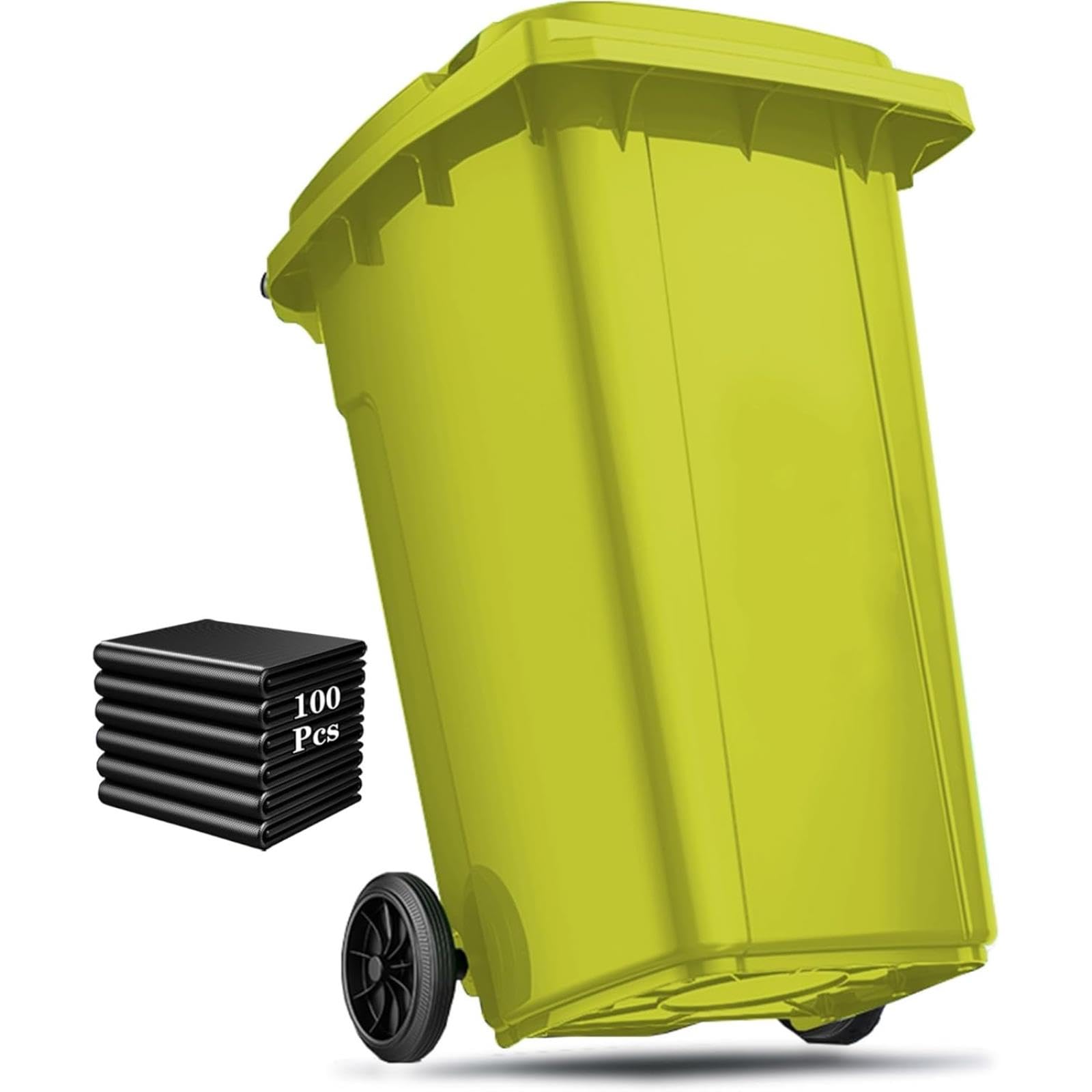 VITIWEDTY Large Outdoor Trash Can with Wheels & Lid, Heavy Duty Garbage Bin with 100 PCS Bags for Backyard, Deck (Yellow 27 Gallon)