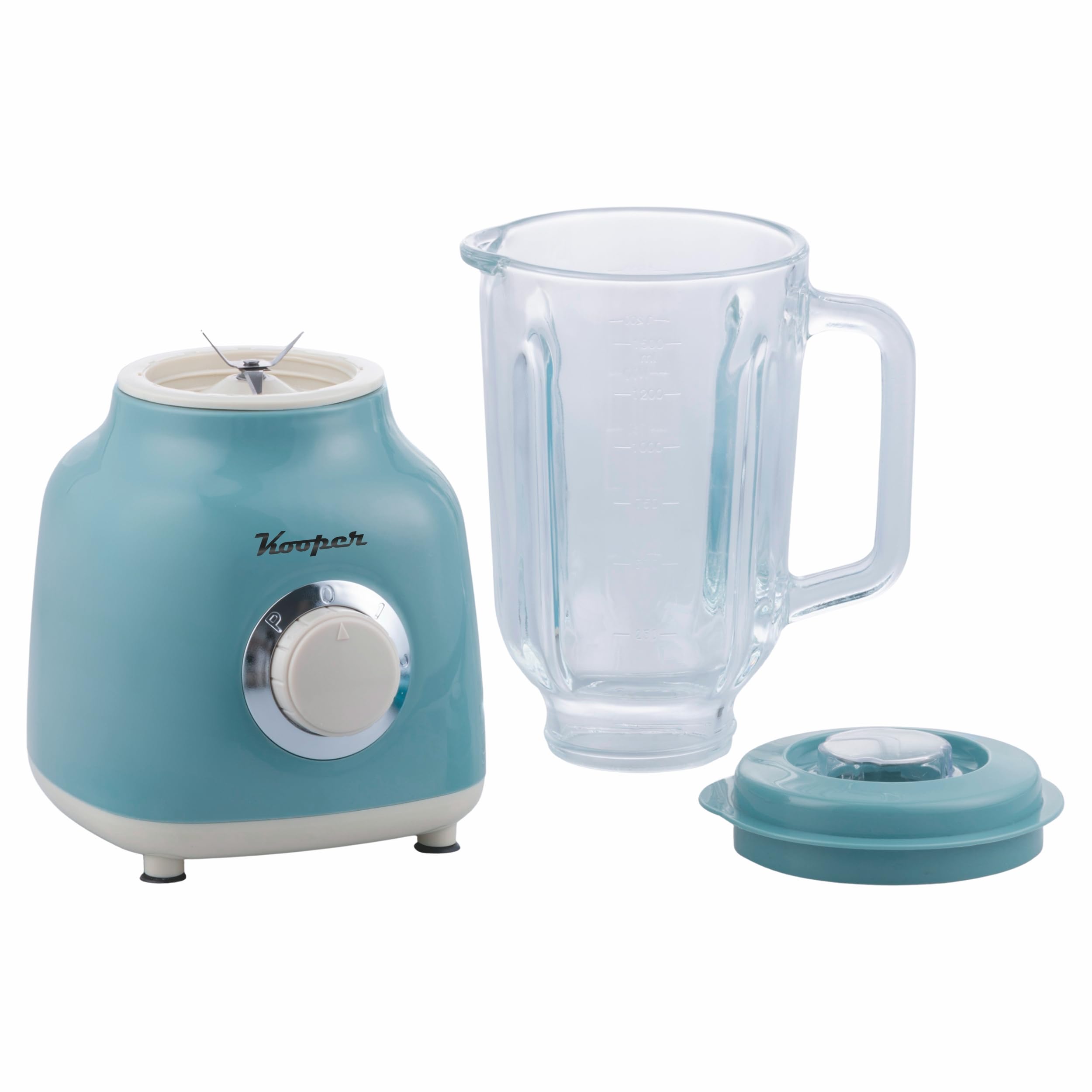 Frullatore elettrico azzurro e avorio, brocca graduata in vetro 1,5 L, lame in acciaio inox, 2 velocità 500 W, Kooper