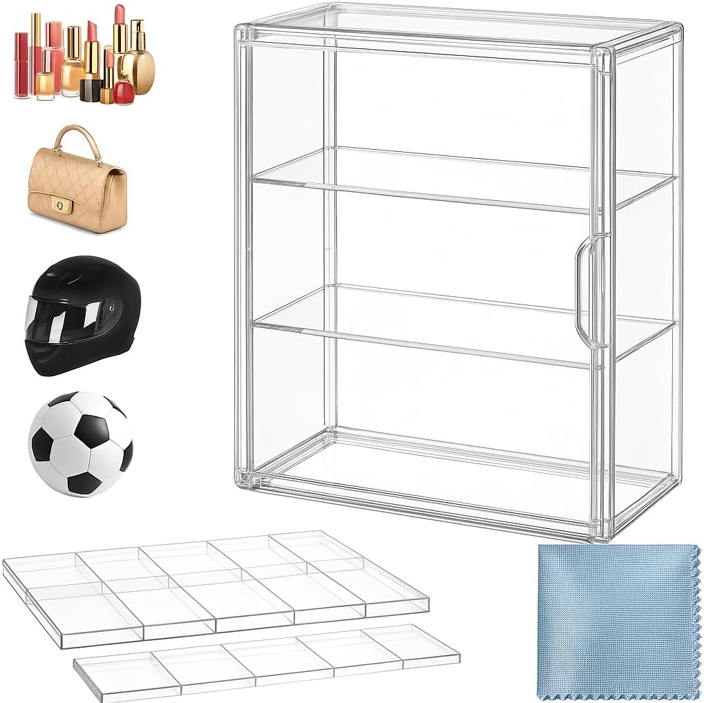 OFRIN 2 Pack Acrylic Display Case with Cleaning Cloth, Magnetic Door & 4 Adjustable Dividers, 3 Tier Display Cases, Stackable Clear Organizers, Acrylic Box, Display Cases