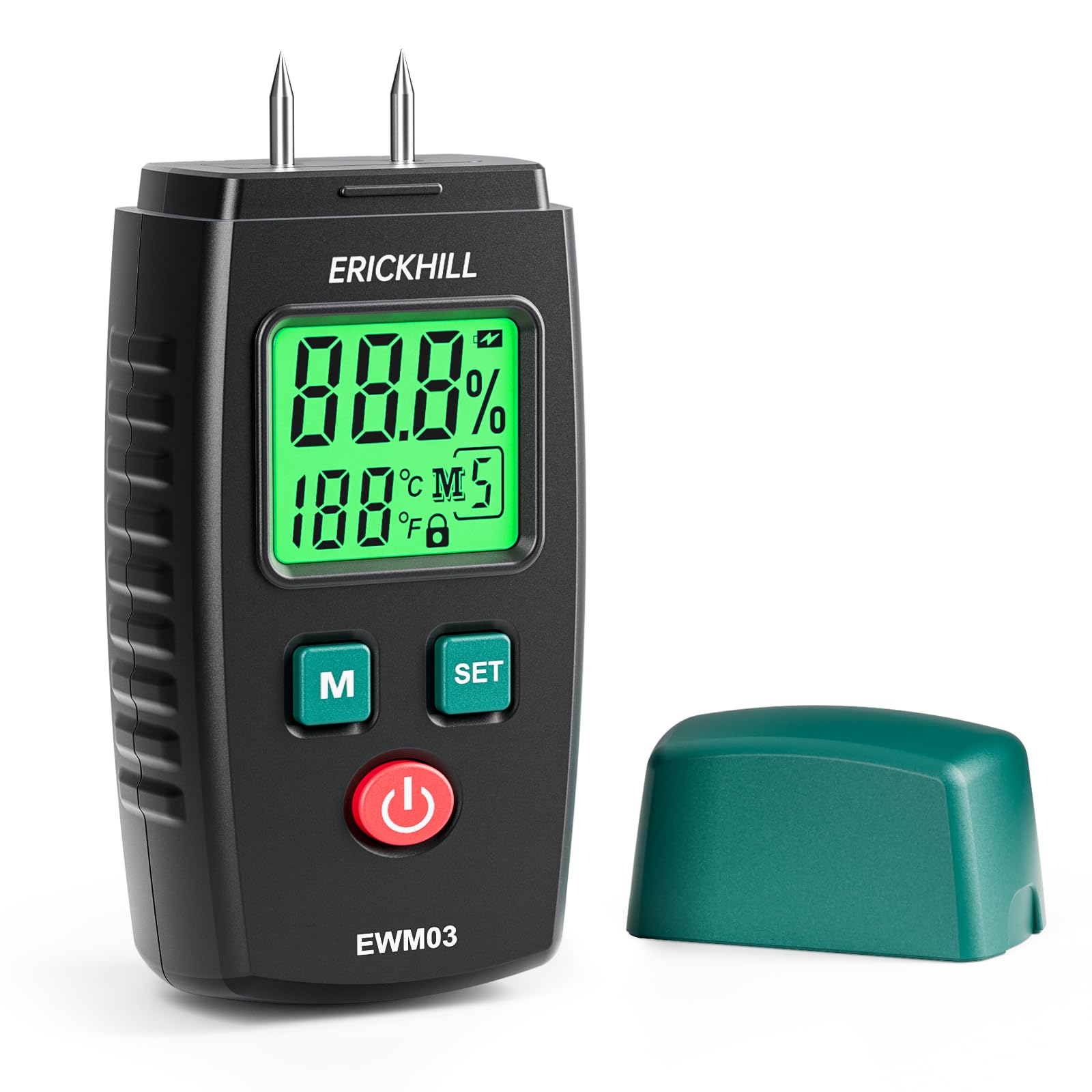 ERICKHILL Wood Moisture Meter, Pocket Size Wood Moisture Detector with Green Backlight LCD Display, Pin Type Water Leak Detector with 5 Modes for Walls, Firewood, Bricks, Lumber, Floor