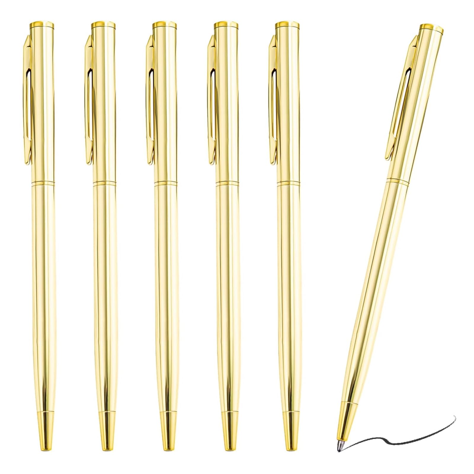 Rayakt Metal Ballpoint Pens, 6 Pack Stainless Steel Gold Pen, Retractable Biro Pen with Smooth Black Ink, Fine Writing Pens for Office Business School Journaling & Gift Giving