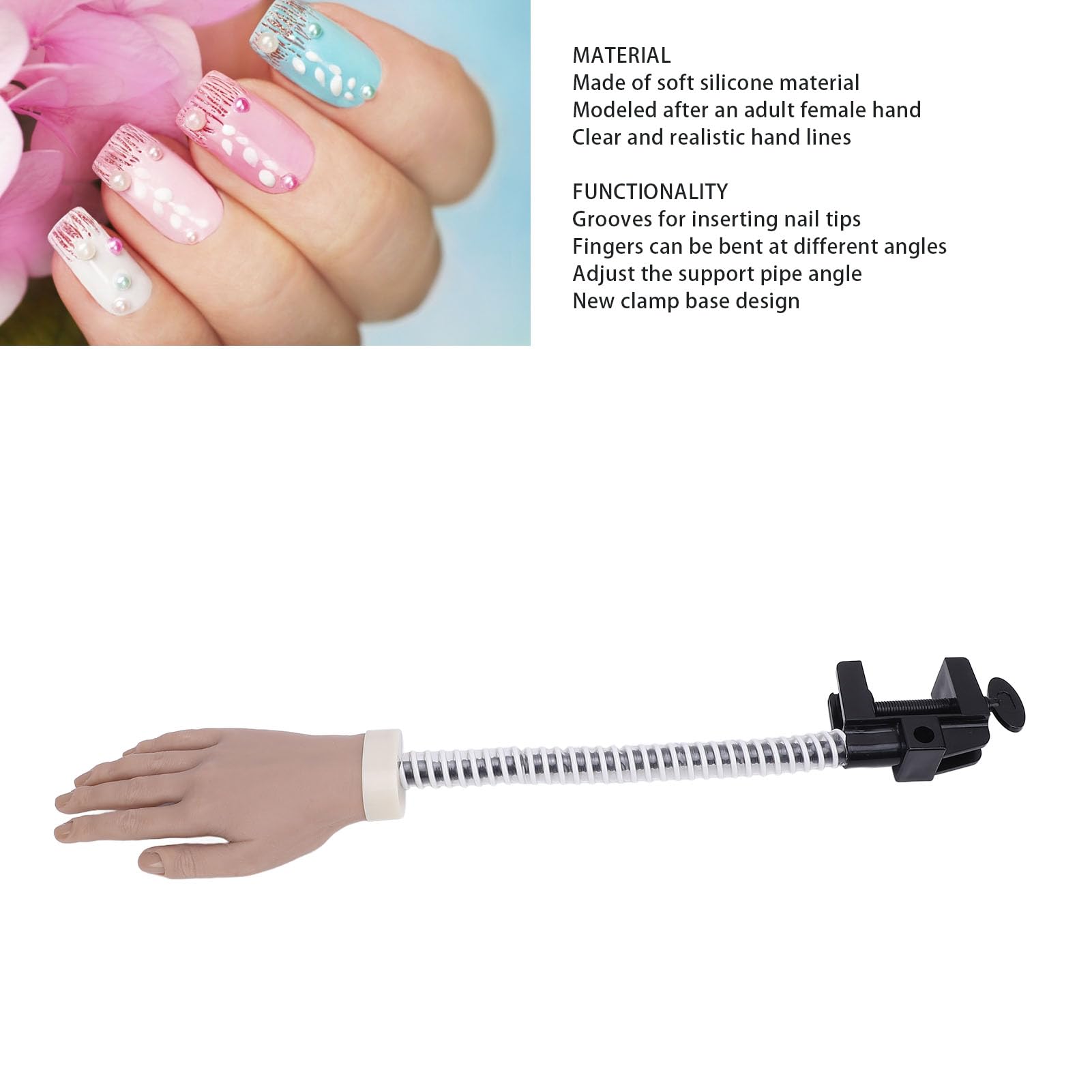 Generic Silikon-Nagel-Übungs-Trainingshand, Flexibel Beweglich für Anfänger, Maniküre-Übungen mit Klemmbasis, 1 Box Nagelspitzen