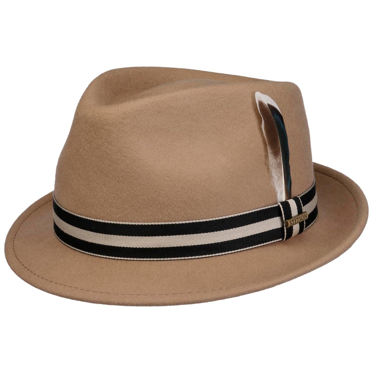 Stetson Men's Beige Galento Trilby Wool Felt Hat Asahi Guard Packable Stripe Band Feather Autumn Winter