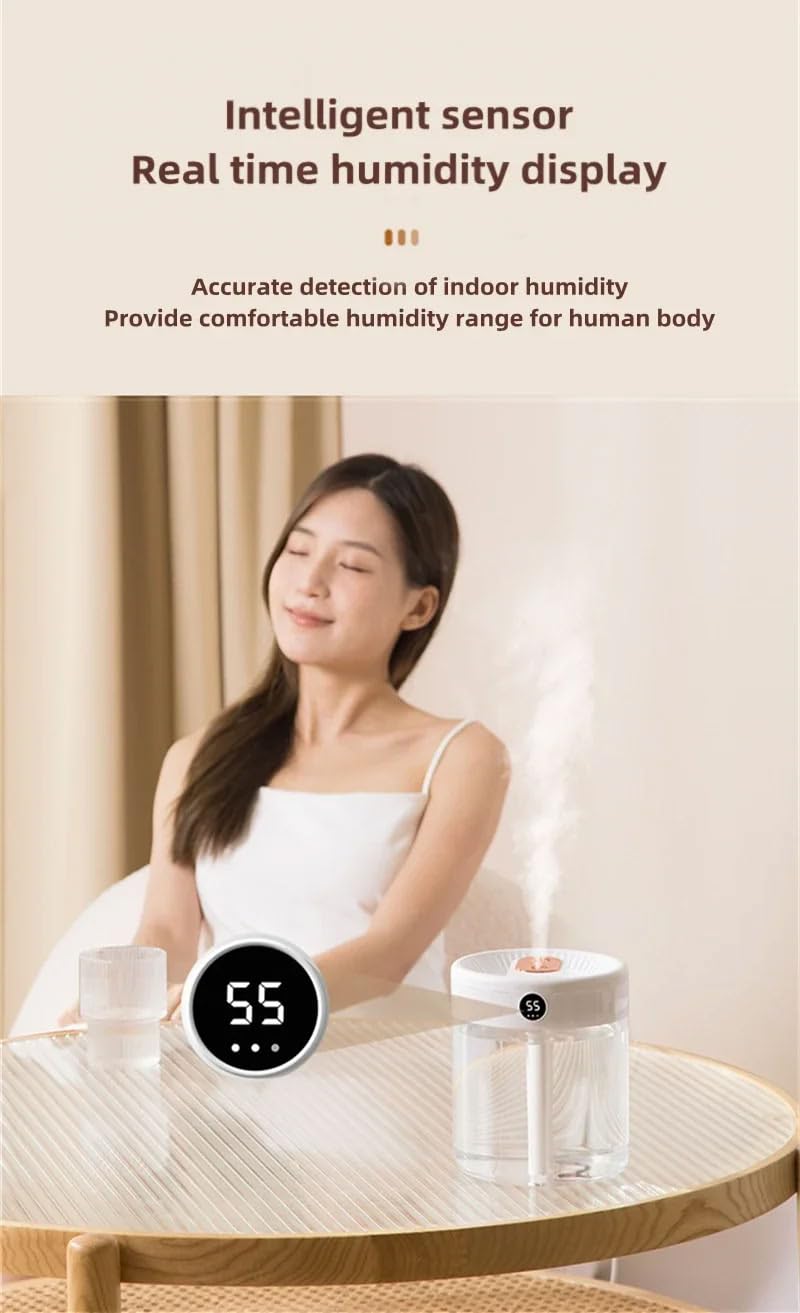 Umidificatore a nebbia fredda a ultrasuoni da 2 litri per camera da letto, diffusore d'aria USB silenzioso con doppi ugelli, display digitale, funzione aromaterapia, luce notturna, durata