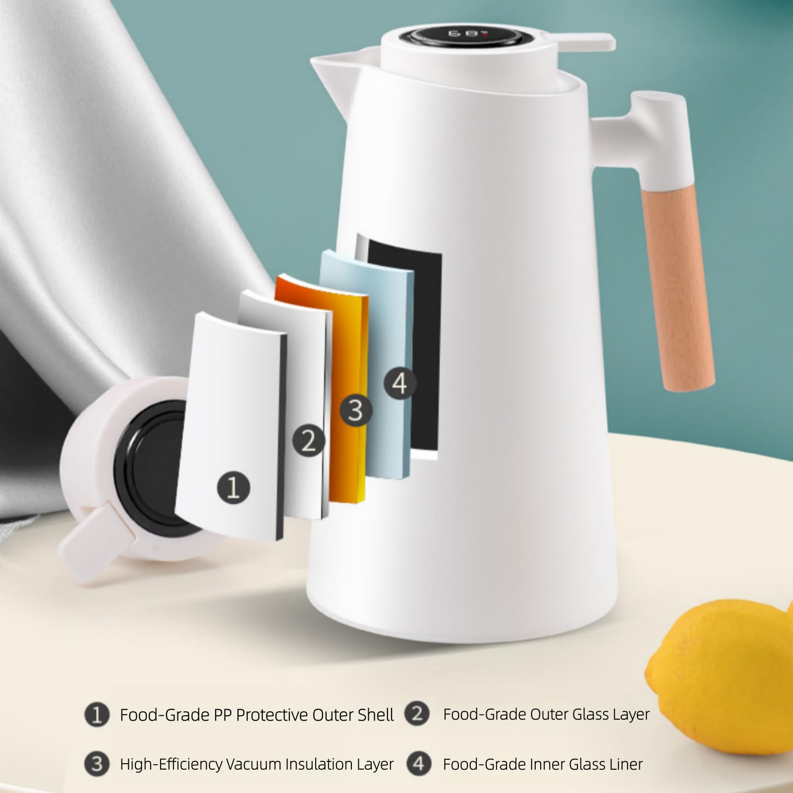 Caraffa termica intelligente con display della temperatura, 963,9 g, con rivestimento in vetro sottovuoto, caraffa termica a pressione per acqua, caraffa per caffè con manico in legno, caraffa per