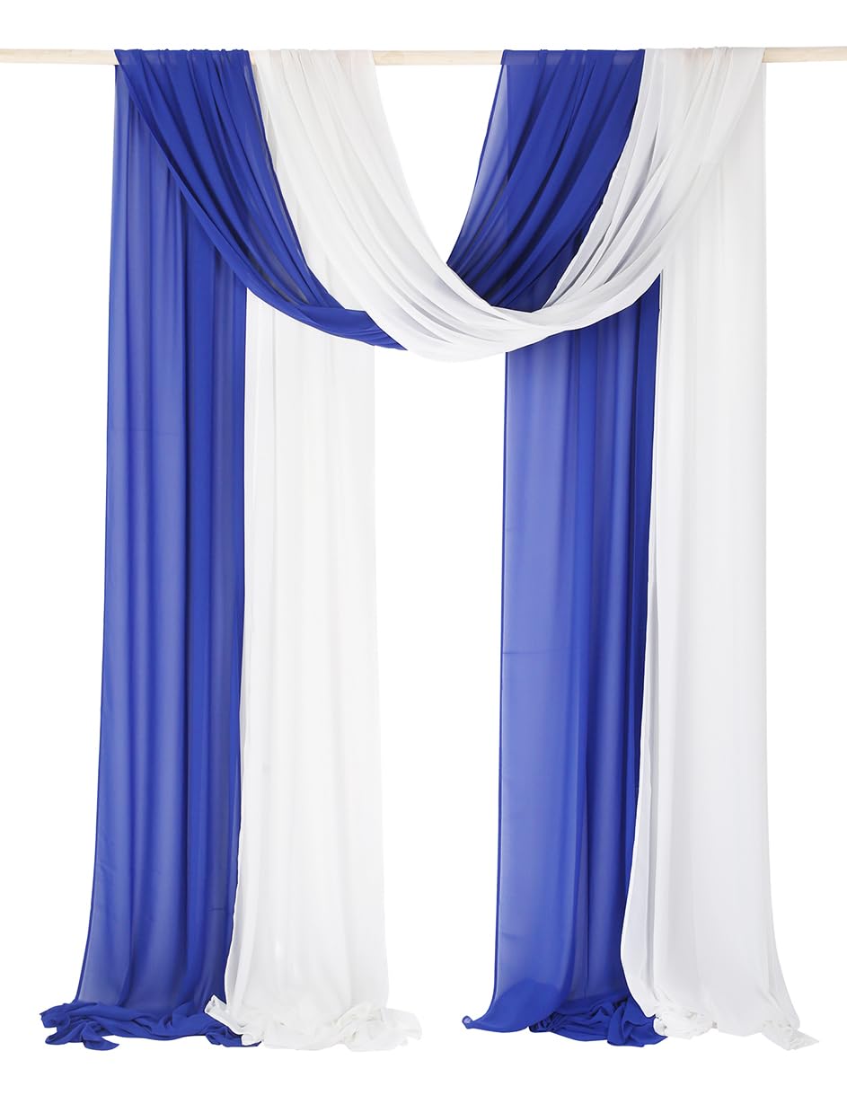 Puxvnizo 2 Panels 30FT Extra Long Wedding Arch Chiffon Draping Fabric, Arbor Drapes for Wedding Outdoor Party Reception Backdrop (Royal Blue & White)