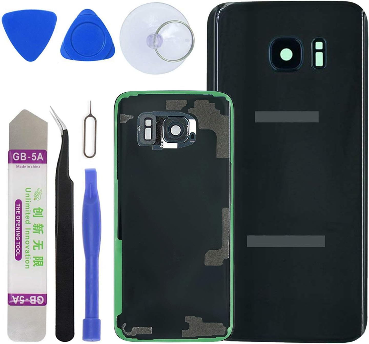 LUVSS Rear Glass Assembly for [Samsung Galaxy S7 Edge] G935 Genuine Back Glass Panel Replacement + Camera Glass + Flash Lens with Opening Tools Kit (Black)