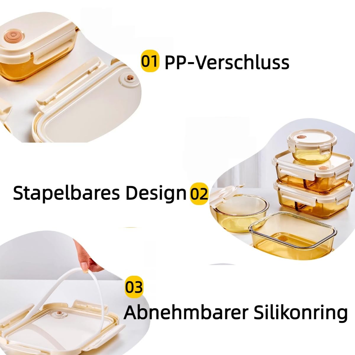 Boîte à goûter en verre compatible micro-ondes avec 3/2/0 compartiments et sac isotherme | Fermeture sur 4 côtés | Verre borosilicate + boîtier en polypropylène | Pour professionnels (grand