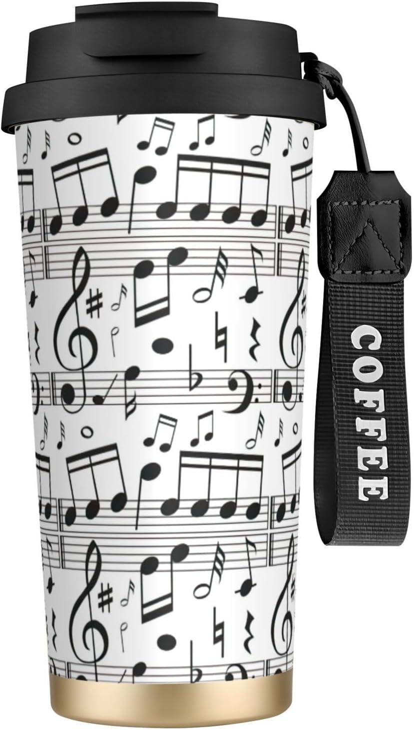 Music Note Print Leakproof Insulated Coffee Mug,Stainless Steel Dual Drink Travel Tumbler,17 OZ