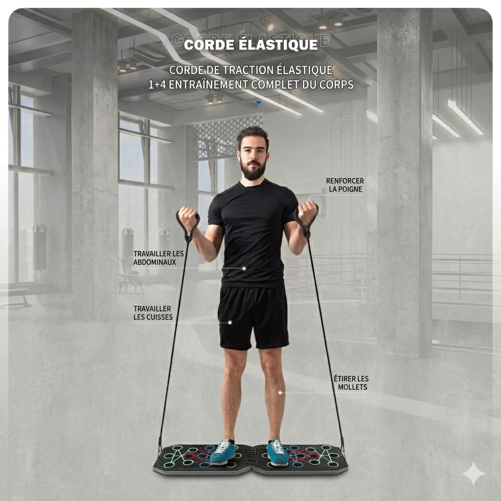 Planche de Pompes Multifonction – Appareil de Musculation avec Compteur Automatique, Bandes de Résistance et Poignées Antidérapantes – Entraînement Complet à Domicile – Pectoraux, Epaules, Bras, Dos