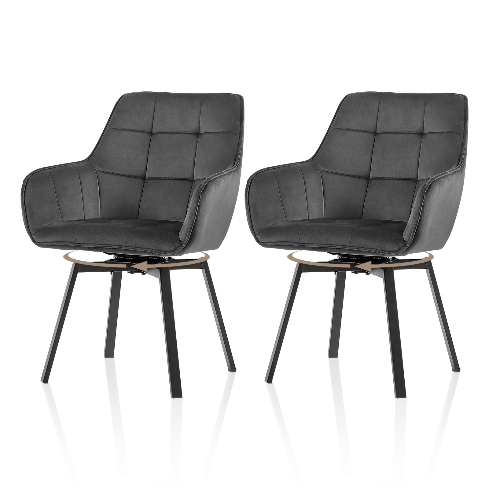 TUKAILAi Swivel Dining Chairs Set of 2 Grey Velvet Super Thick Padded Seat Leisure Armchair & Metal Legs Rotatable for Home Kitchen, Living Room Reception, Office, Restaurant — image 1