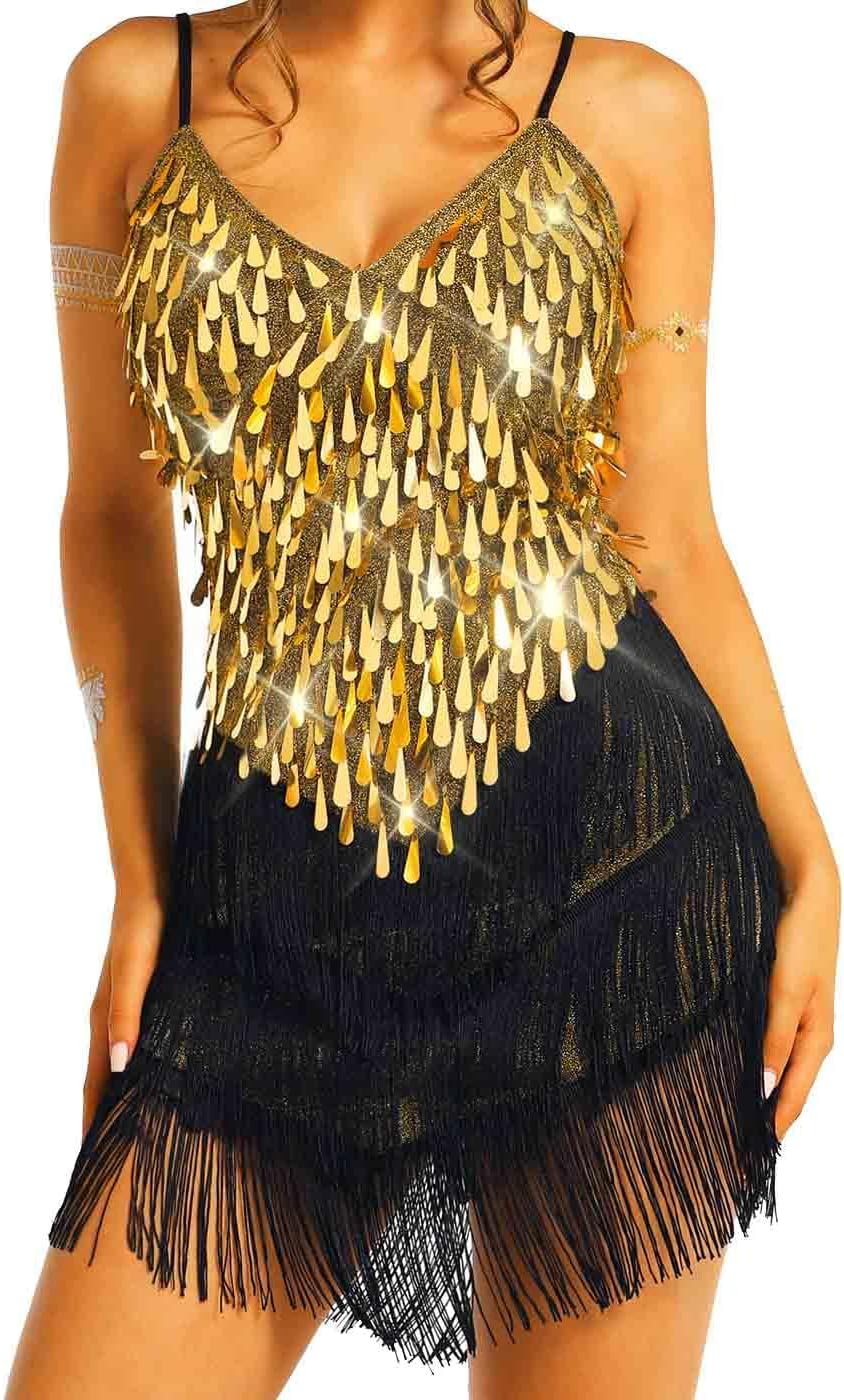 TWINKLEDE Sequin Tassel Dress for Women Sparkly Fringe V