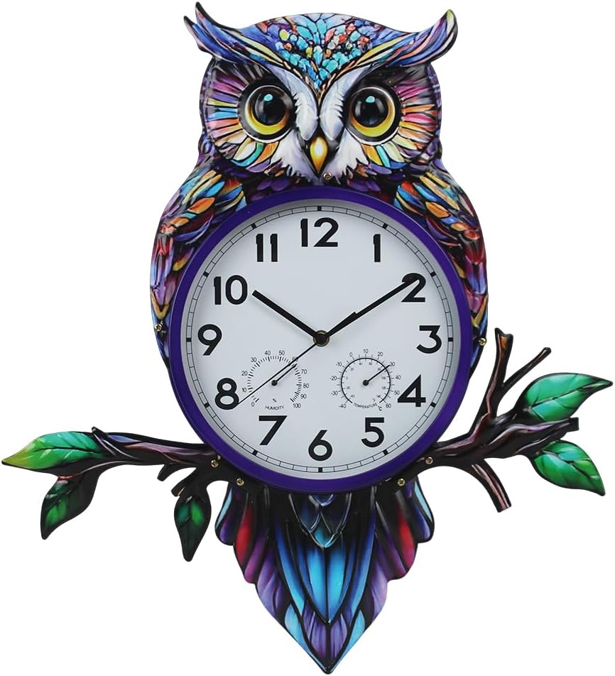 Large Outdoor Clock with Thermometer & Humidity, Owl Outdoor Wall Clock Silent No-Ticking Outside Clock for Patio, Living Room, Kitchen