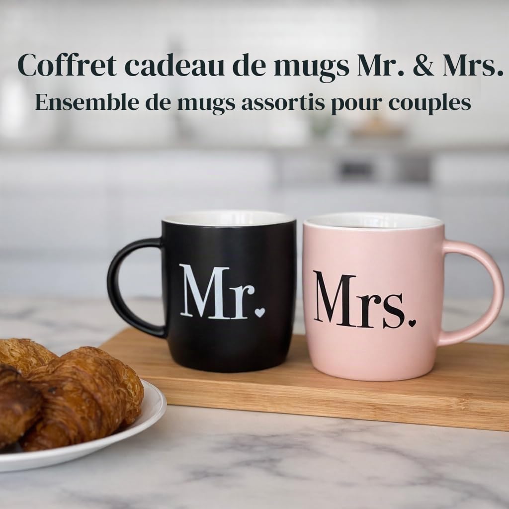 Triple Gifffted Tasses à café Mr & Mrs en céramique - Idées cadeaux pour mariage, fiançailles, Saint-Valentin, Noël