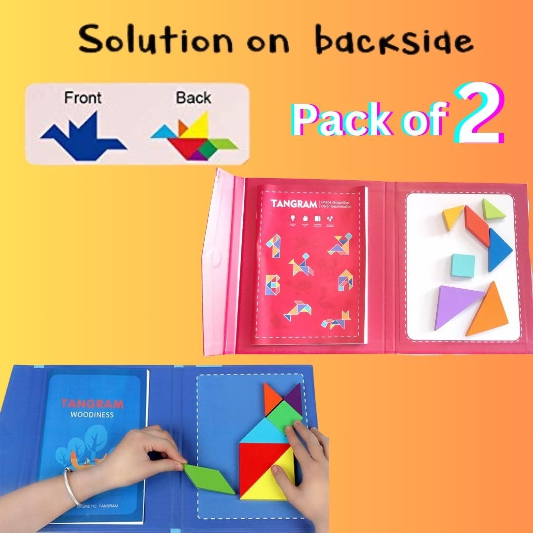 PLUSPOINT Wooden Tangram Travel Game Pack of 2 Magnetic Puzzle Book Game Tangrams Jigsaw Shapes with Solution Traveler Challenge IQ Educational Toy for 3-99 Years 3