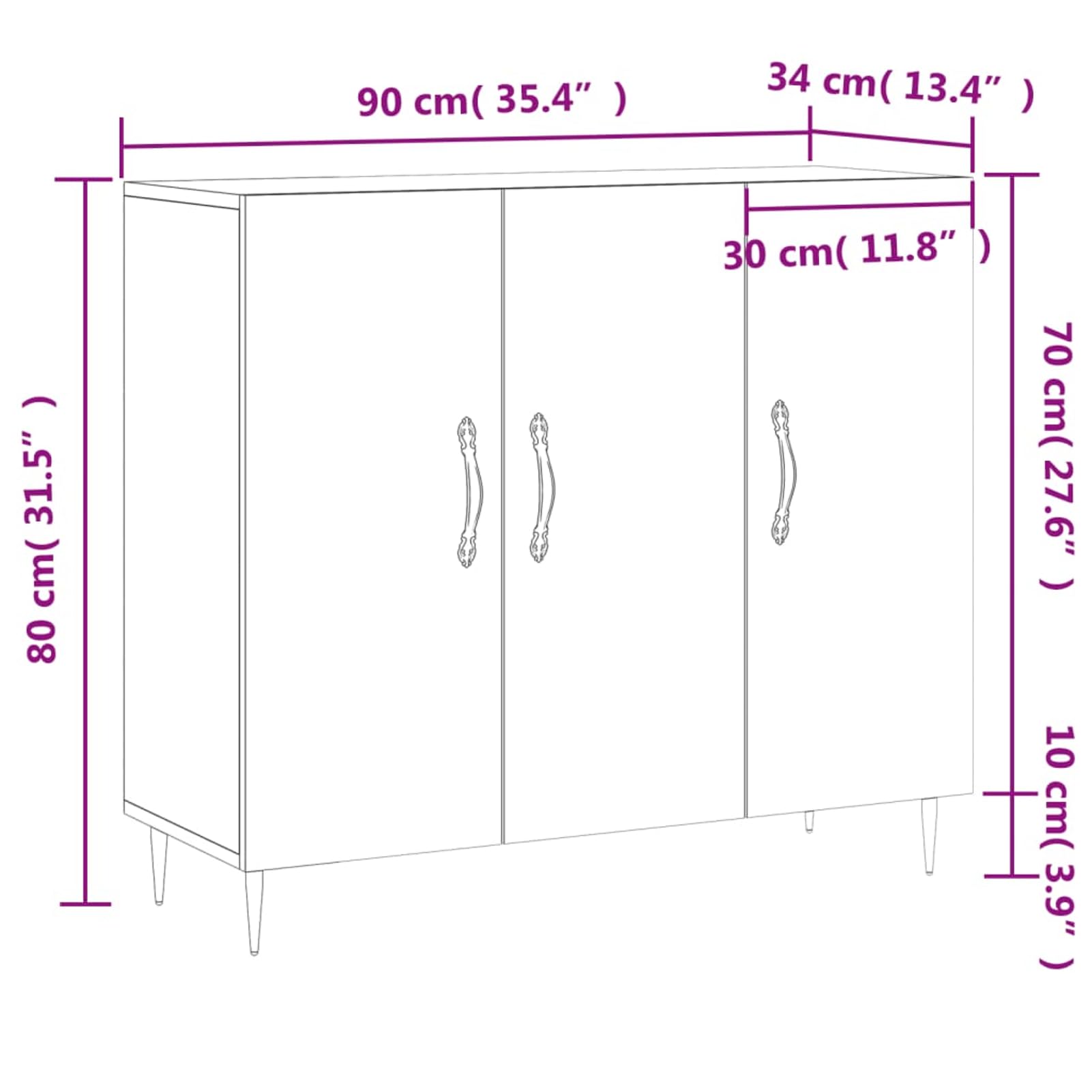 Credenza 90 x 34 x 80 cm, grigio Sonoma, in legno e metallo, pratico mobile con ante per riporre in ordine