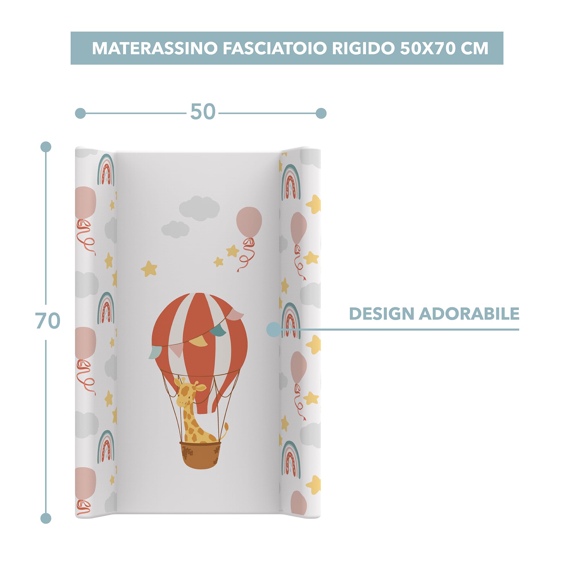 Kikido Materassino Fasciatoio 50x70 - Mongolfiera - Materasso Fasciatoio in PVC con Bordi Rialzati - Materassino Universale con Spondine di Sicurezza, Universale e Impermeabile 70x50