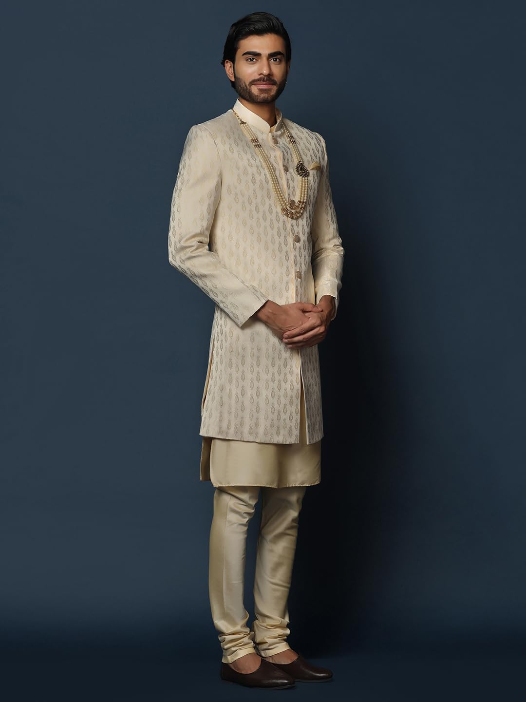 Kisah Men's Peach And Beige Indo-Western Kurta Sherwani Churidar Set Cotton Full Sleaves, Knee Length, Straight, Regular Fit, Mandarin Collar Ethnic Wear