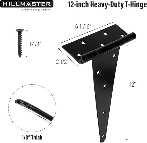 Miniatura 4 de HILLMASTER Correa en T de 12 pulgadas, bisagras de puerta de cobertizo, bisagra negra para cercas de madera, patio, puerta de granero, a prueba de