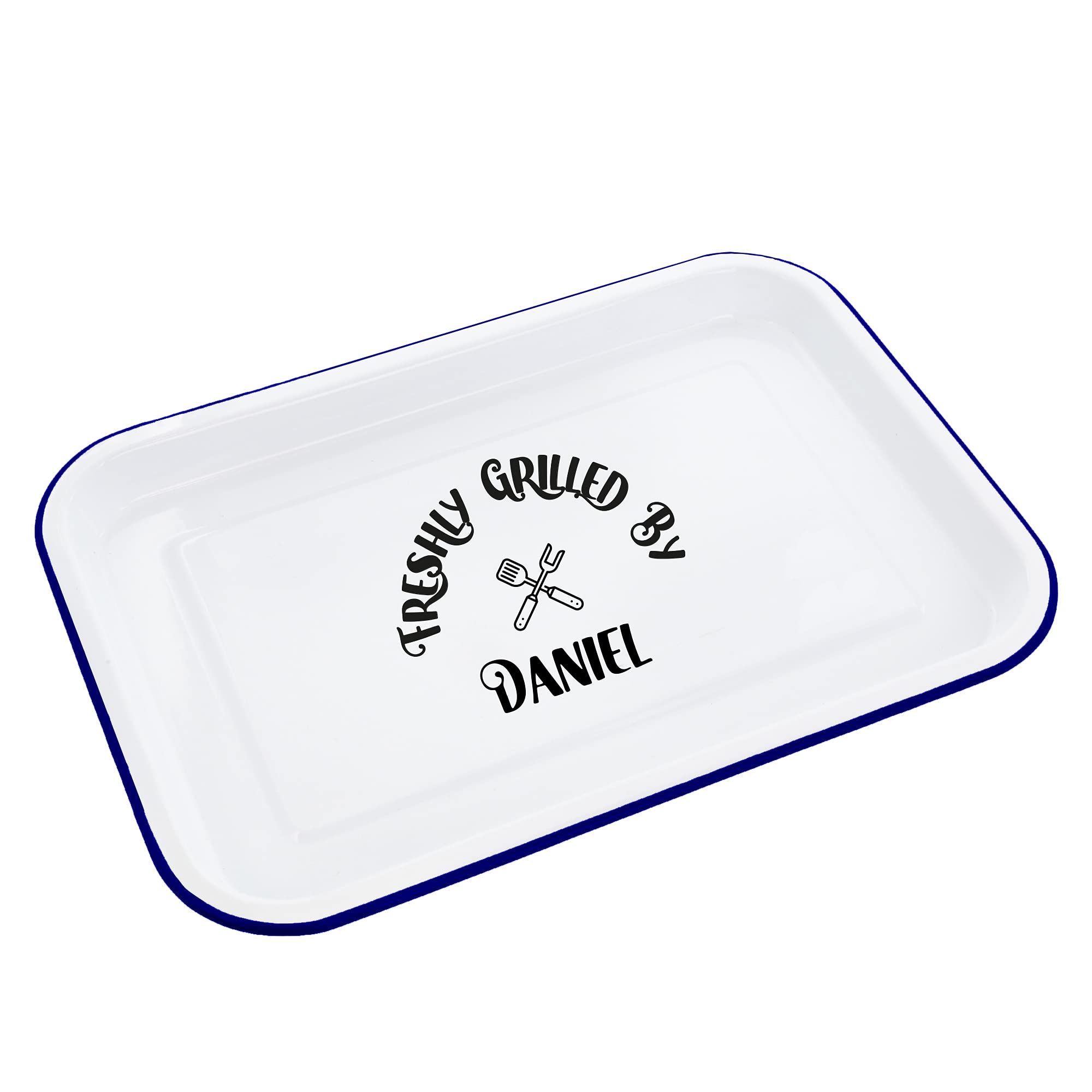 aztex Personalised Enamel Grilled Serving Tray (White Base, Blue Trim)