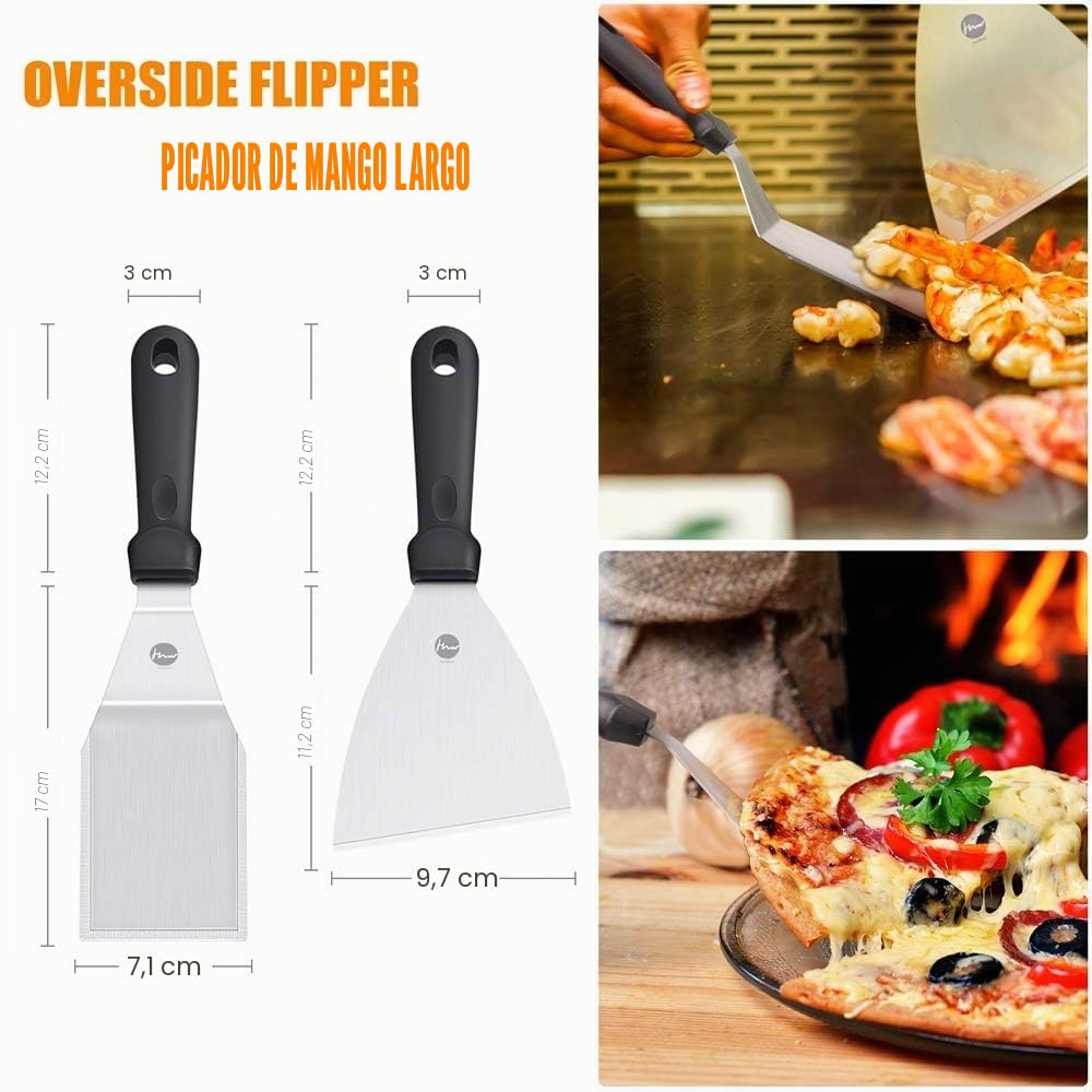 Huolewa 9 Piezas Conjunto de Espátula para Barbacoa, Juego de Barbacoa de Espatula Plancha de Acero Inoxidable, Herramientas de Espátula para Grill, con Cepillo, Botella y Bolsa de Almacenamiento