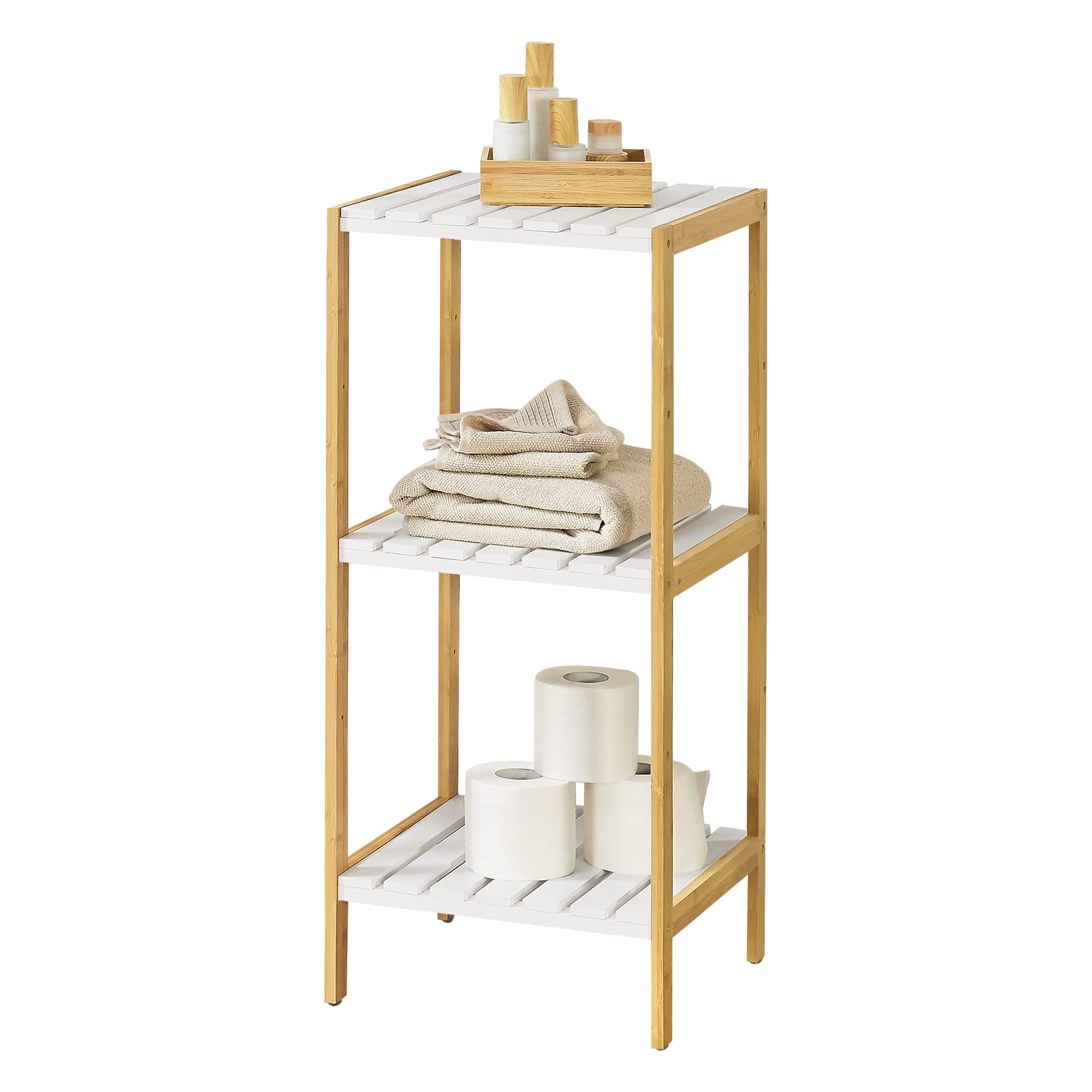 [en.casa] Estantería de bambú con 3 Niveles Balsfjord 33 x 34 x 80 cm Natural/Blanco Estante al Baño Estilo Moderna Boho