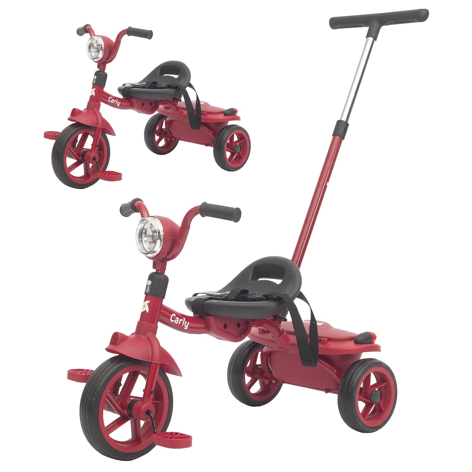 Twinly Triciclo Evolutivo per Bambini Pieghevole per bambini 1-5 Anni - Triciclo per Bambini Leggero e Compatto - Manubrio con Luce e Suono, Cestino e Barra di Spinta Regolabile Carly (Rosso)
