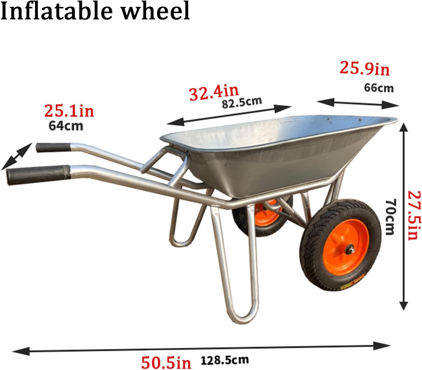 Wheelbarrow, Double Wheel Thick Metal Garden Cart, Construction/Agriculture Wagon, Easy Tipping, Suitable for Camping Garden (Silver)