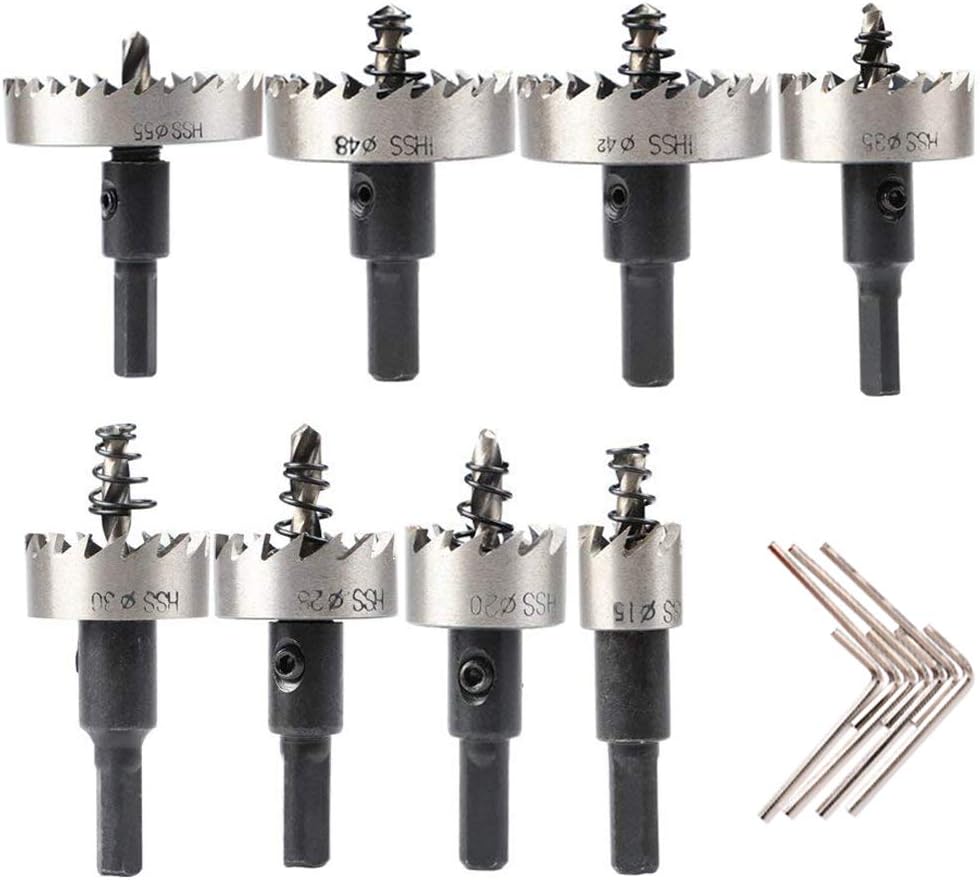HSS Hole Saw Kits, High Speed Steel Drill Bits Hole Saw Opener Cutting Tool for Metal, Copper, Stainless Steel, Iron Plate (thick less than 1/9"(3mm)) Big Size 9/15”(15mm) ~ 2-4/25”(55mm) Set of 8