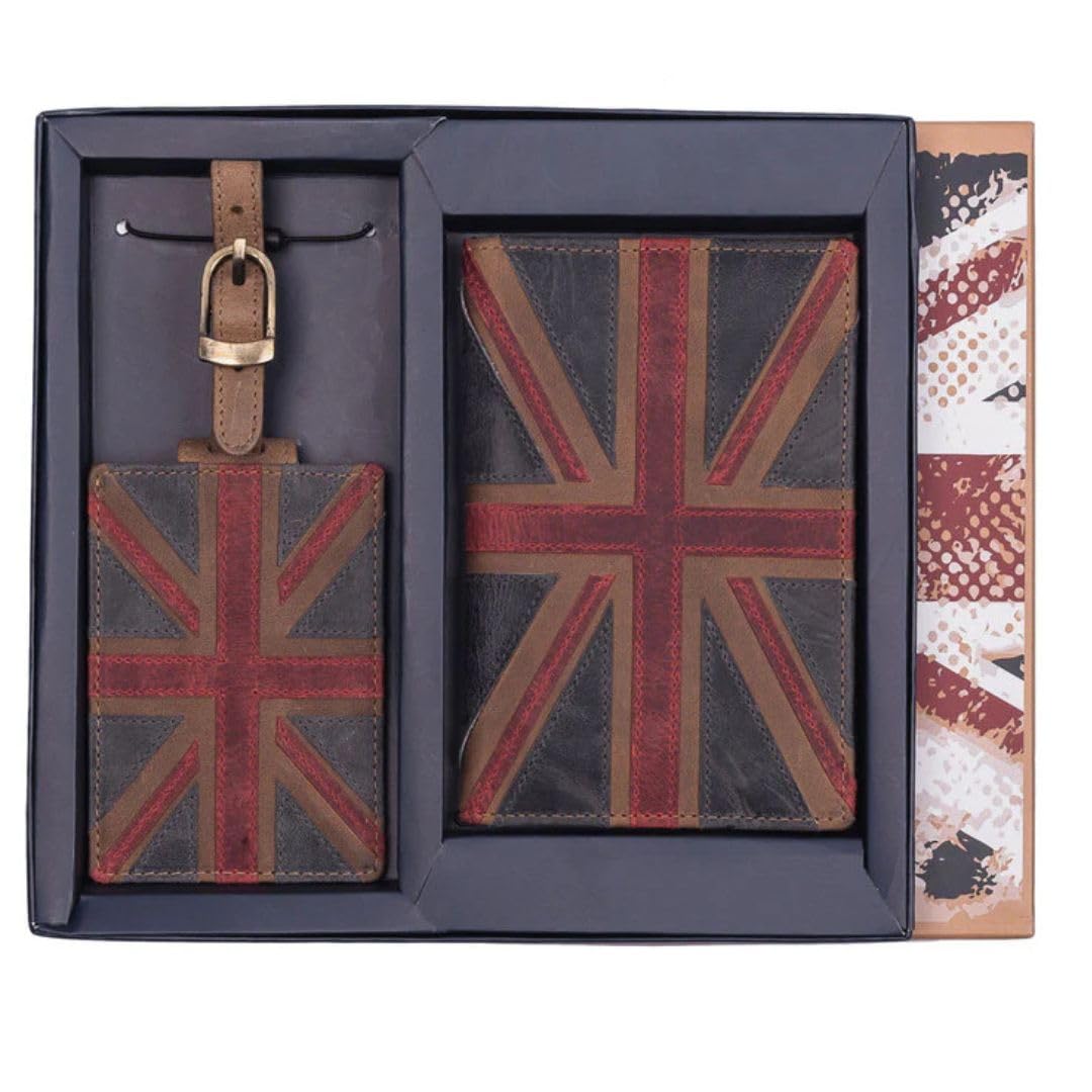 Mala Leather Union Jack pokrowiec na paszport i etykieta bagażowa zestaw upominkowy 100% prawdziwa skóra z pudełkiem prezentowym - brązowy - 20 × 21,5 cm