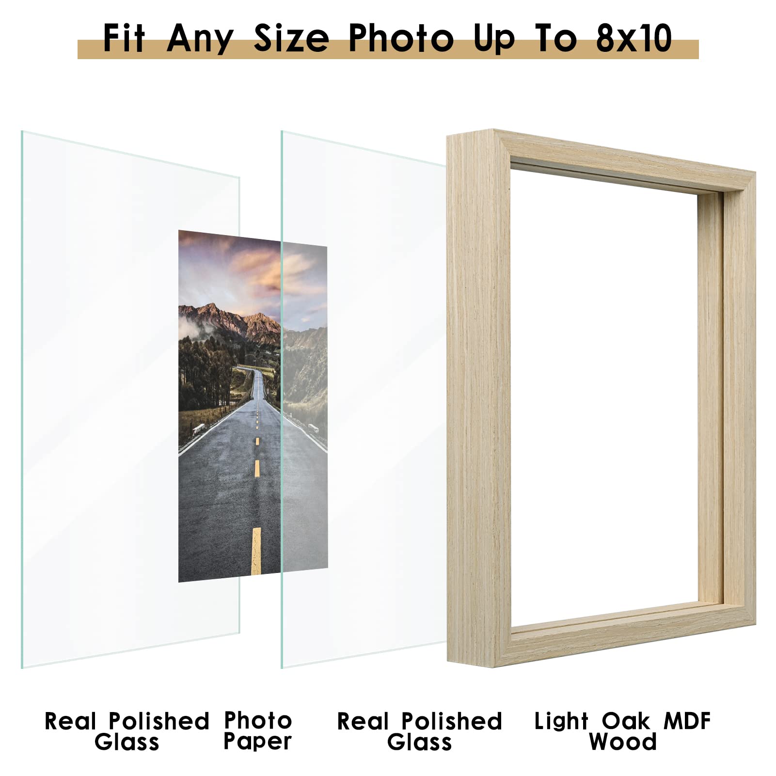 MUYE 8x10 Floating Picture Frame in Light Oak,Double Glass Picture Frame Display Photo up to 8x10,Wall Mount or Tabletop Standing with Hanging Hardware Included,2 Pack