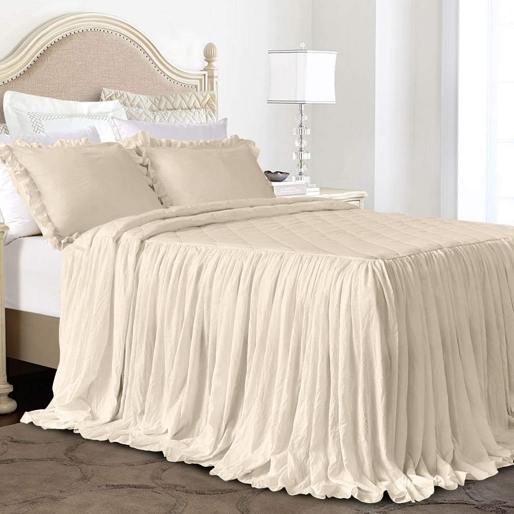 Lady Ann Wheat Ruffle Skirt Bedspread Queen Size 3-Piece Set, Ultra Soft 30" Long Drop Corner Split Farmhouse Quilted Bed Spread