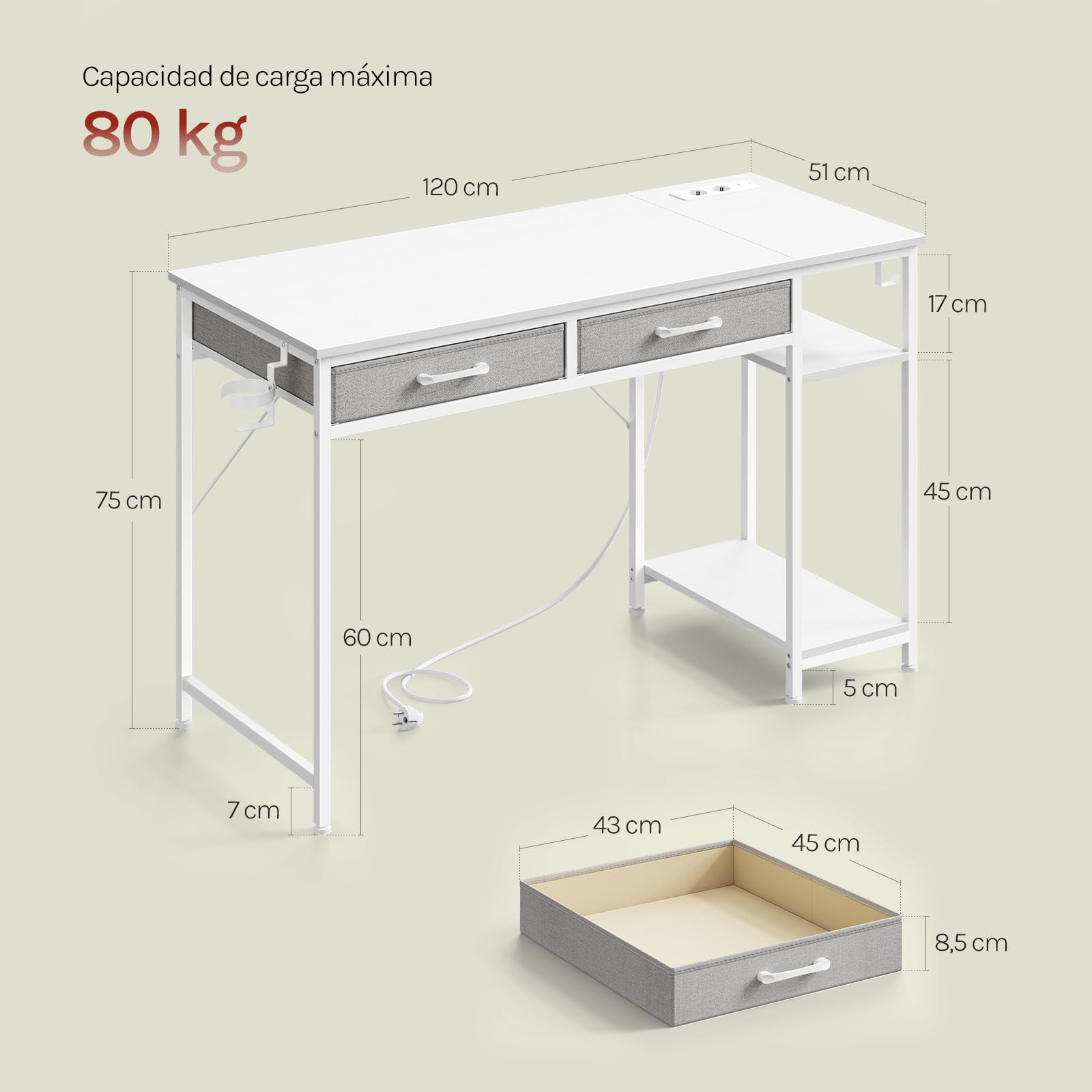 WOLTU Mesa Escritorio con 2 Cajones y 2 Estanterías, Puerto USB Tipo C y Estación de Carga, Portavasos y Gancho, para Estudio y Oficina, 120x51x75 cm, Blanco