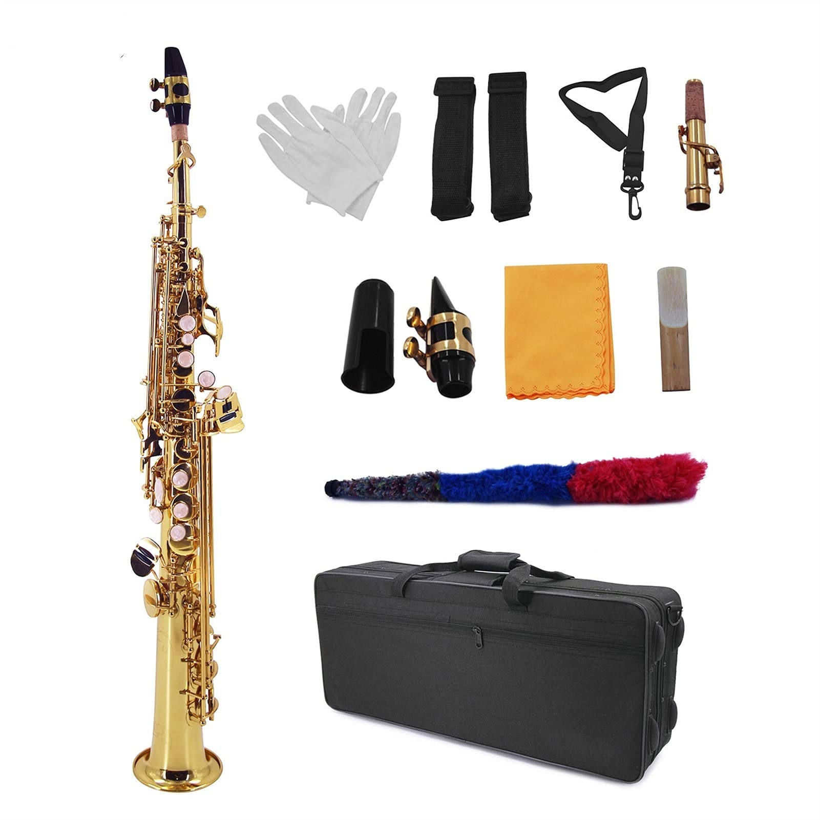 Sax Principianti Kit Straight BB Sopano SAXOfono in Ottone Scax in Ottone Strumento con Woodwind con Custodia per Il Trasporto Pennello per Spazzola per Spazzola per Spazzola Strumento a fiato