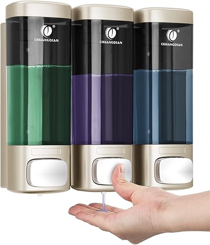 Dispensador de jabón de ducha triple de 10.8 fl oz, 3 cámaras, sin taladro, dispensador de jabón líquido para baño, dispensador de champú y